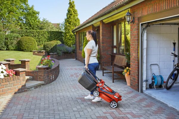 Flymo EasiStore 340R Electric Rotary Lawn Mower - 34 cm Cutting Width, 35 Litre Grass Box, Close Edge Cutting, Rear Roller, Central Height Adjust , Space Saving Storage Features