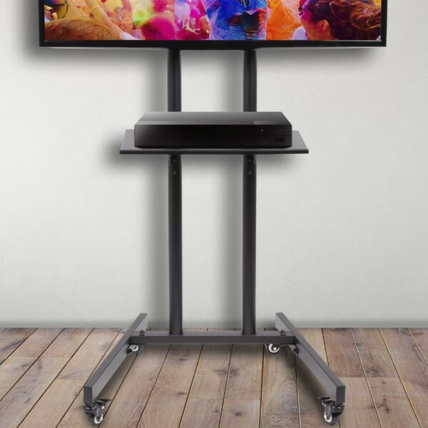 Duronic TV Stand Chrome & Glass Stand for 30” -80” Flat Screen Television LCD/LED/OLED/QLED, With Tilt & Swivel, VESA Up to 600x400, Capacity, With Media Shelf (TVS5T1)