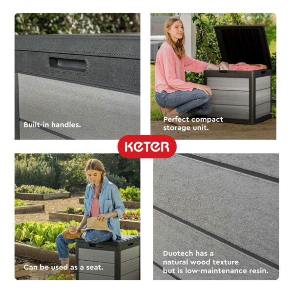 Keter Denali 30 Gallon Resin Outdoor Storage Box and Patio Storage Box Side Table for Pool and Garden Accessories, Grey & Black
