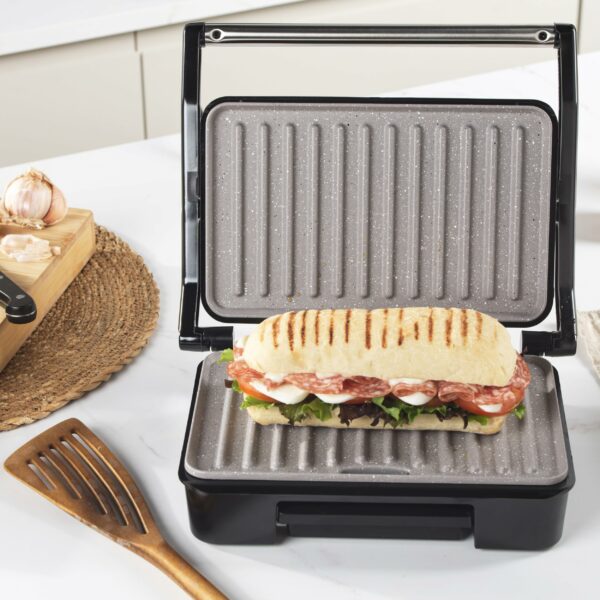 Salter Marblestone Health Grill – Non-Stick Panini Maker, No Oil Needed, Floating Hinge For Larger Foods, Automatic Temperature Control, Built-In Removable Drip Tray, Cool Touch Handle, 750W, EK2009