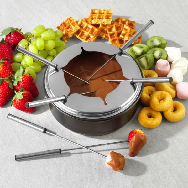 Salter EK4513 Electric Raclette Grill & Fondue - 2 In 1 Indoor Grill, 1.3L Chocolate Melting Pot, 6 Forks, Cheese Fondue Set, Adjustable Temperature Control, 8 Non-Stick Pans & Wooden Spatulas, 1400W