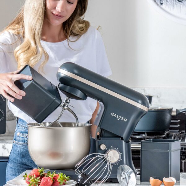 Salter Marino Baking Stand Mixer - 6 Speed Kitchen Mixer With Pulse, 5L Stainless Steel Mixing Bowl, Removable Splash Guard, Whisk, Dough and Beater Attachment, 1200W, Blue/Grey