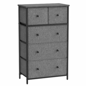 SONGMICS Chest of Drawers, Fabric 5-Drawer Storage Organiser Unit, Dresser, for Living Room, Hallway, Nursery, Grey and Black with Wood Grain LTS514G22
