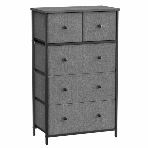 SONGMICS Chest of Drawers, Fabric 5-Drawer Storage Organiser Unit, Dresser, for Living Room, Hallway, Nursery, Grey and Black with Wood Grain LTS514G22
