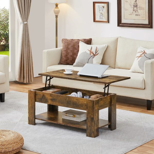 Yaheetech Lift Top Coffee Table, Wood Lifting Table Tea with Storage Shelf for Living Room, Rustic Brown, 98x50x(42-56) cm
