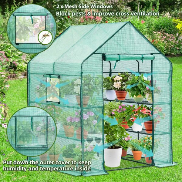 Ohuhu Greenhouse for Outdoors with Shelves, Walk in Green House Plant Growhouse with Heavy Duty Cover, 3 Tiers 12 Shelves Plastic Greenhouse with Ground Pegs & Ropes for Stability 143x143x195 cm