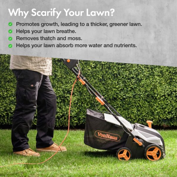 VonHaus Lawn Scarifier, Grass Rake, Aerator 1800W – Electric, 10m Cable, 55L Collection Box, 5 Depth Settings, 38cm Working Width