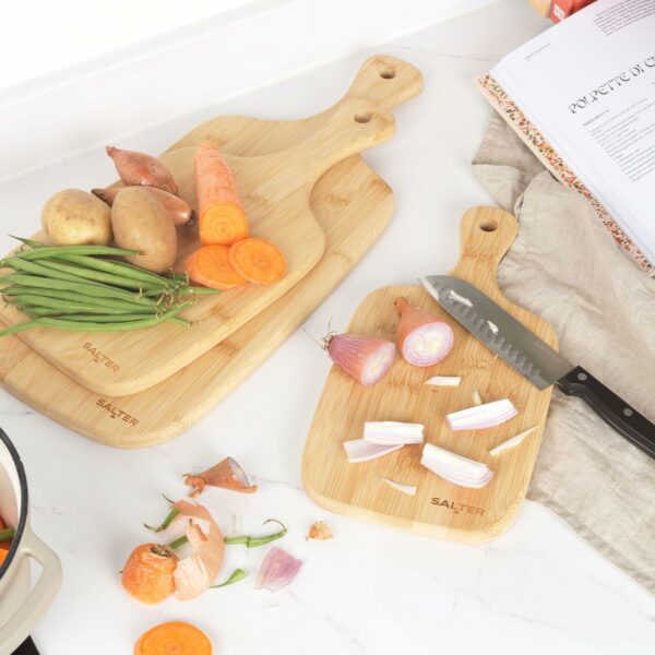 Salter Wooden Chopping Boards - 3 Piece Bamboo Chopping Board Set - 30cm, 35cm, 45cm, Chop, Cut & Carve Meat, Vegetables, Cheese & Bread, Protects Worktops, Paddle Handles With Hooks, BW06732EU7