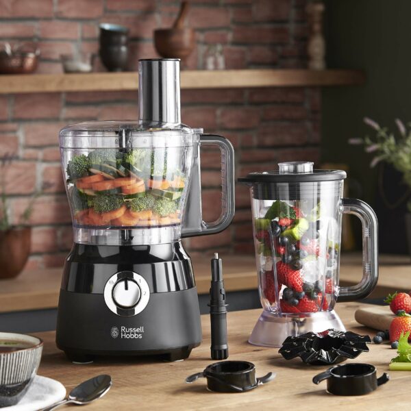 Russell Hobbs Desire Electric Food Processor, Bowl with 1.5L usable capacity, 1.5L Plastic jug, Stainless steel blades, reversible slicing/shredding disk, dough hook & creaming disk inc, 600W, 24732