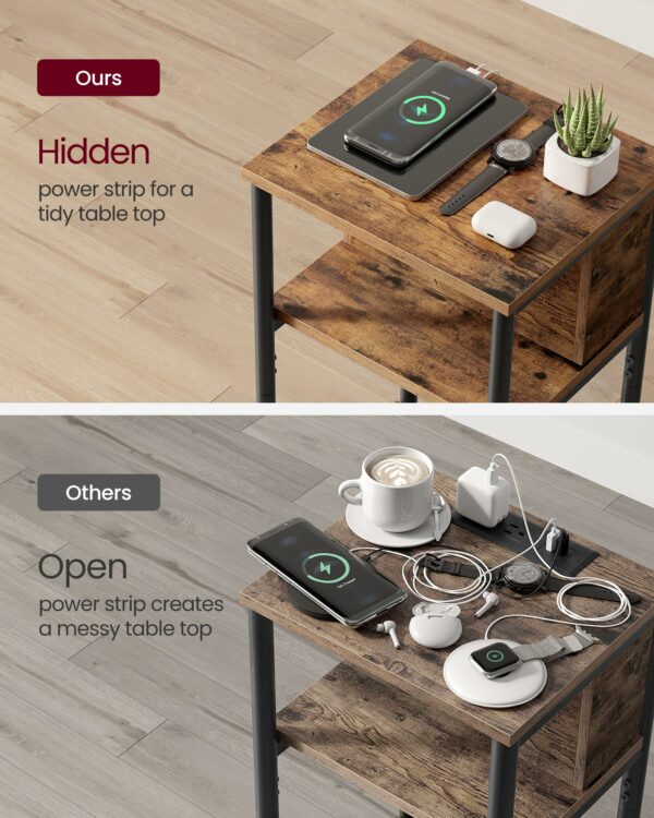 Vasagle Slim Side Table with Charging Station, Narrow Bedside Table with 2 AC Outlets 2 USB Outlets