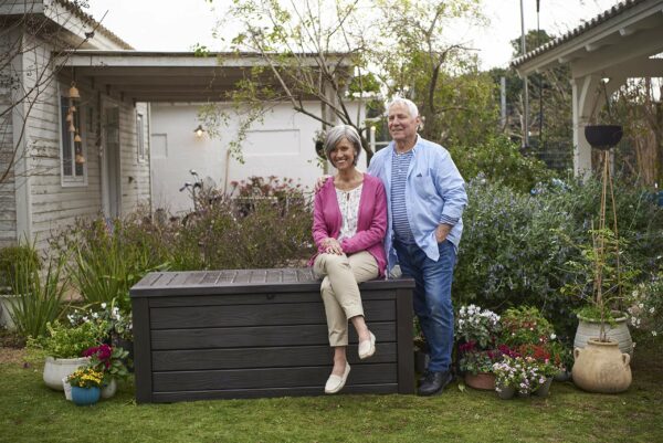 Keter Westwood 570L Outdoor 75% recycled Garden Furniture Storage Box Brown Wood Panel Effect Fade Free All Weather Resistant