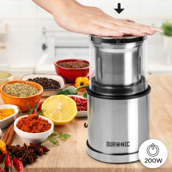 Duronic Electric Blade Coffee Grinder CG421, 2 in 1 Spice Grinder Kitchen Machine, Wet & Dry Grinding Mini Mill Hopper, 75g/220ml, 200W, 2X Stainless Steel Cups for Beans, Herbs, Nuts