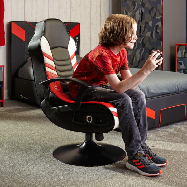 X-Rocker Aries 2.1 Gaming Chair with Speakers and Subwoofer for Junior Gamers, Foldable Audio Pedestal Console Games Chair, Faux Leather PU - Black/Red