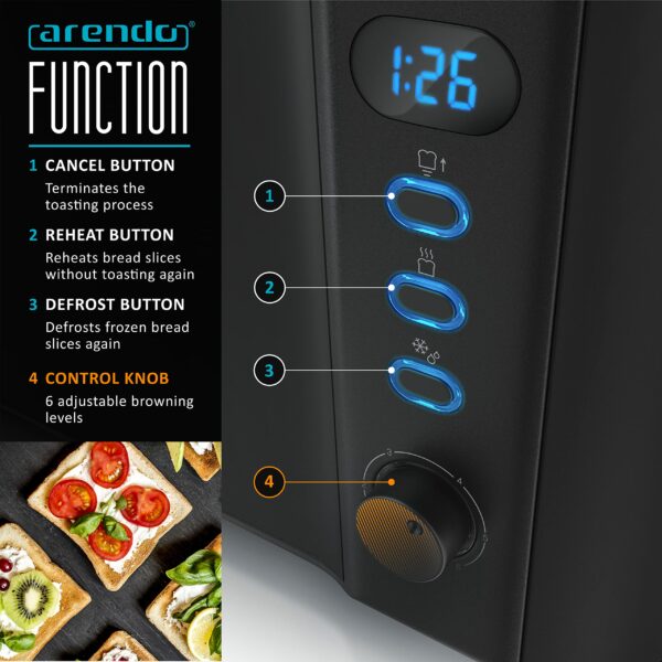 Arendo Frukost 4 slice long slot toaster, Double wall housing, with warming rack, 6 Browning settings, auto bread centring