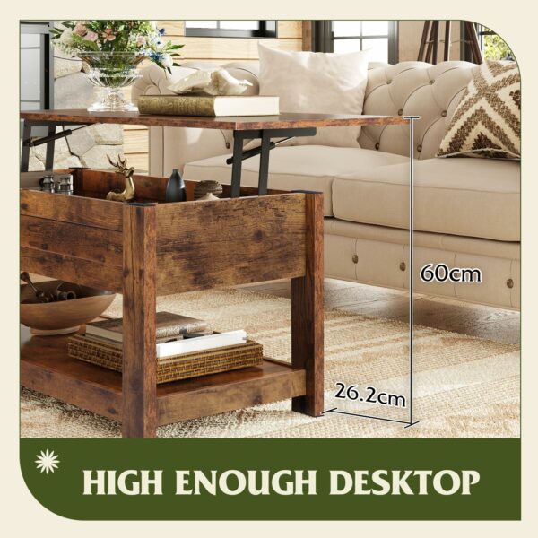Wlive Lift Top Coffee Table, 98CM Lift Up Coffee Table with Hidden Compartment, Wooden Coffee Table with Storage Shelf for Living Room, Rustic Brown