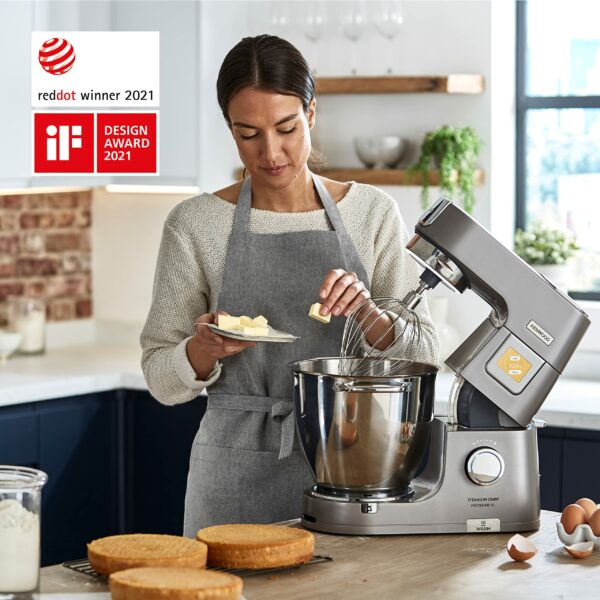 Kenwood Titanium Chef Patissier XL Stand Mixer for Baking- Powerful Food Mixer, With K-Beater, Dough Hook, Whisk, and 2 Bowls 5L and 7L, KWL90.004SI, 1400W, Silver