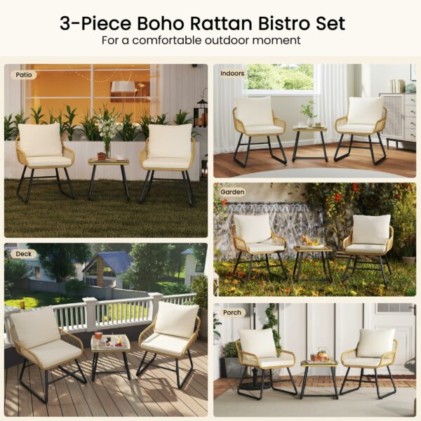 Yaheetech 3 Pieces Bistro Set, Outdoor PE Wicker Chairs and Tempered Glass Table with Waterproof Cushions