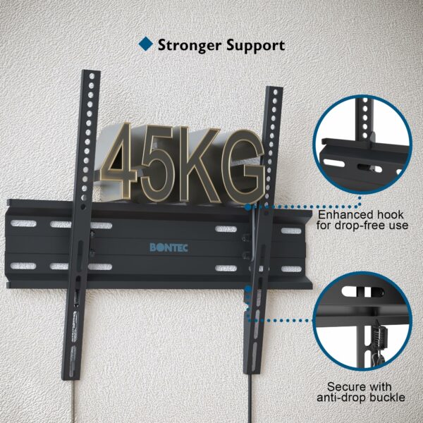 BONTEC Ultra Slim TV Wall Bracket, Tilting TV Wall Mount for 23-60 Inch TVs, Low Profile TV Bracket, Max VESA 400x400mm, Holds Up to 45kg, Spring Locking System, Includes 5 Cable Ties