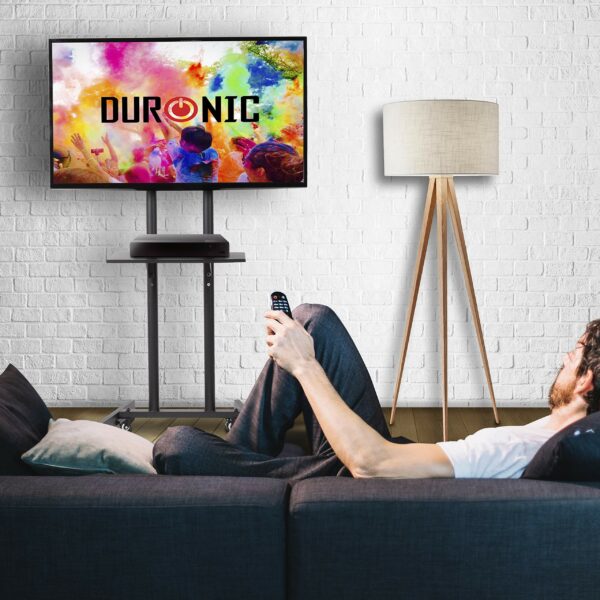 Duronic TV Stand Chrome & Glass Stand for 30” -80” Flat Screen Television LCD/LED/OLED/QLED, With Tilt & Swivel, VESA Up to 600x400, Capacity, With Media Shelf (TVS5T1)