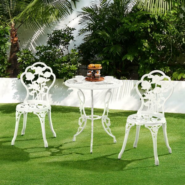 Yaheetech 3 Piece Patio Bistro Table Set Garden Furniture Set, Aluminum Table and Chairs Outdoor Patio Furniture, Rose Design Dinging Table and Chairs for Balcony Garden Porch, White