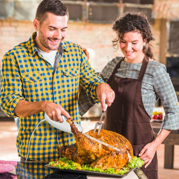 QUEST 35059 Electric Serrated Carving Knife/Cut Turkey, Beef, Chicken, Lamb, Ham, Bread, Vegetables, & Fruits With Ease / 120W / White Colour