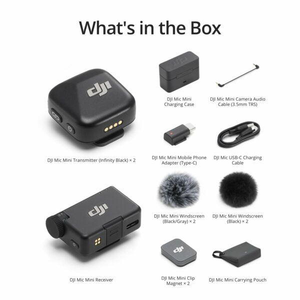 DJI Mic Mini (2 TX + 1 RX + Charging Case), Wireless Lavalier Microphone, Detail-Rich Audio, 48h Use, Noise Cancelling, Automatic Limiting