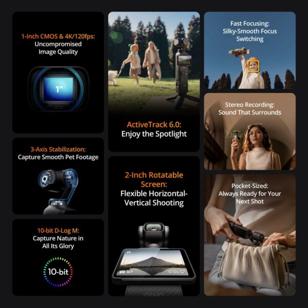 DJI Osmo Pocket 3 Creator Combo, Vlogging Camera with 1'' CMOS  4K/120fps Video, 3-Axis Stabilization, Face/Object Trackingacking